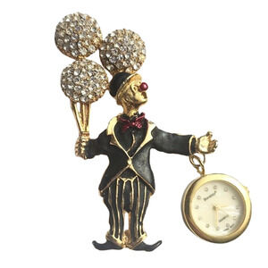 Vtg 1960s Bonetto Clown Watch Clock Enamel Rhinestone Pin Brooch